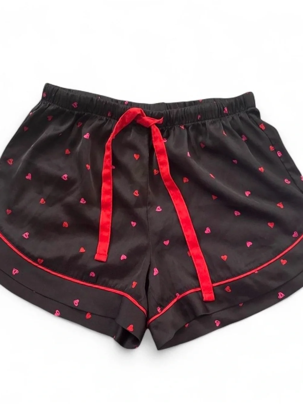 Black Satin Heart-Print Pajama Set with Red Accents